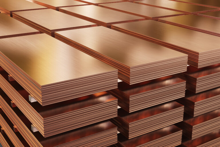 Copper,Sheets,,Piles,Of,Copper,Metal,In,Warehouse.,3d,Illustration